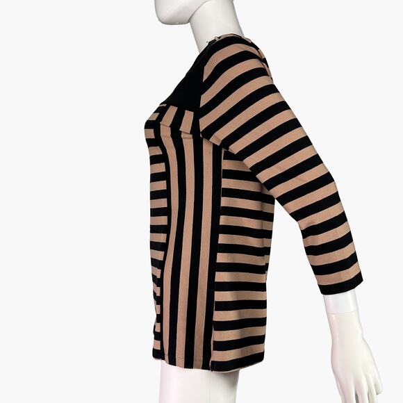 JONES NY Stripped 3/4 Sleeve Boat Neck Shoulder Zipper Top (Tan/Black | Size M) - Picture 4 of 8